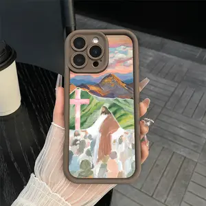 Trending Phone Case for iPhone 17 Pro Max 16 E 15 Plus 14 13 12 11 XS XR Soft Pink Jesus Mountain Art Scratch-Resistant Shockproof Soft Silicone Cover