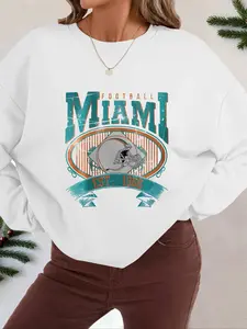 Women's Cartoon Miami Football & Letter Print Drop Shoulder Fleece Sweatshirt, Casual Long Sleeve Round Neck Pullover for Fall & Winter, Women's Clothes for Daily Wear