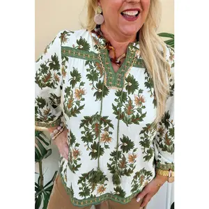 Green Plus Size Floral Printed Contrast Patchwork Detail Tassel Tie 3/4 Sleeve Blouse