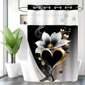 LVRLVR 1pc Luxury Black Gold Heart Magnolia Bathroom Shower Curtain, Elegant Smoke Floral Print, Sheer Top Window, Detachable Liner & No Hook C-Ring, 70.8" x 74"