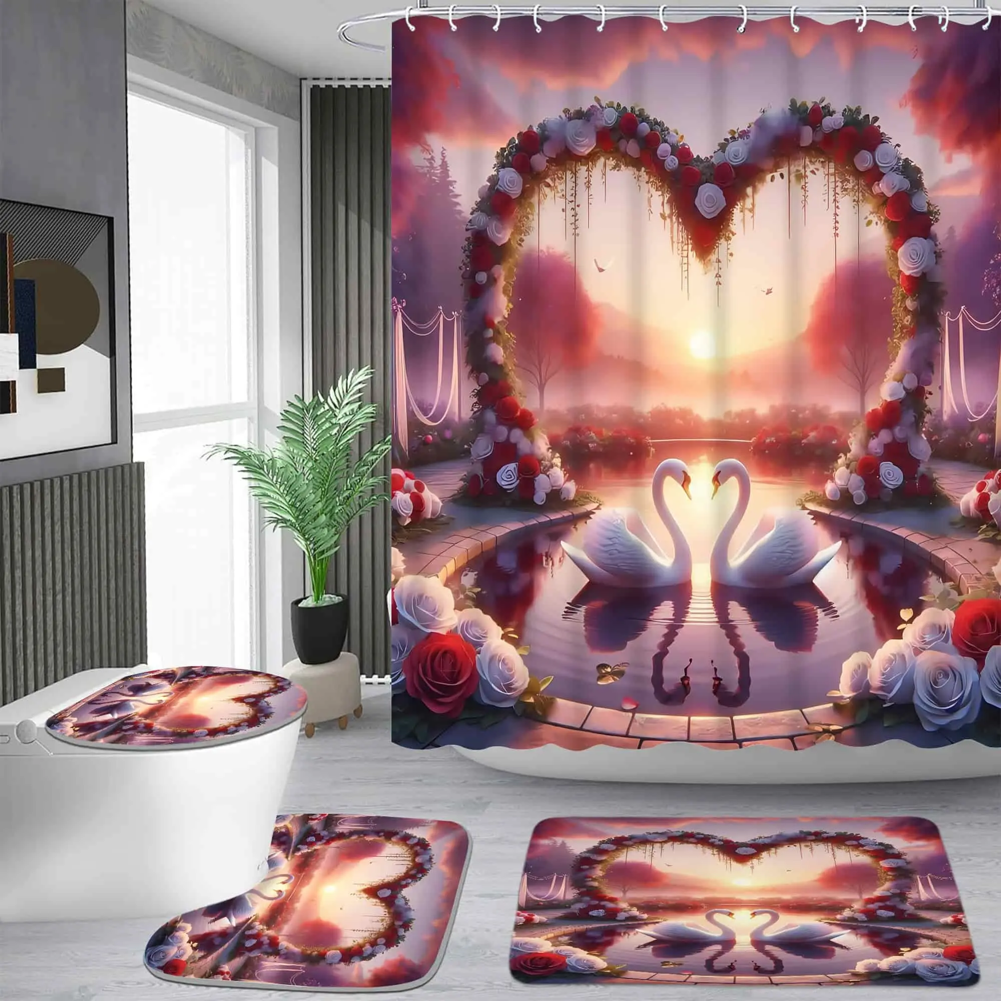 Love rose arch swan pattern shower curtain set, waterproof shower curtain with 12 hooks, non-slip bathroom carpet, toilet U-shaped cushion, toilet seat cover cushion, bathroom shower curtain set, perfect moving gift.