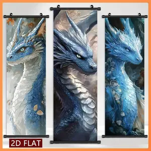 3 Pcs Blue Dragon HD Print Plastic Scroll Printings, Fantasy Style Wall Hanging Canvas, Living Room Bedroom Decor, Dance Art Lovers