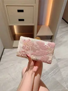 Vintage Sequined Embroidered Clutch Bag, Unique Floral Pattern Evening Bag, Mini Square Party Bag for Women & Girls, Perfect for Weddings & Events