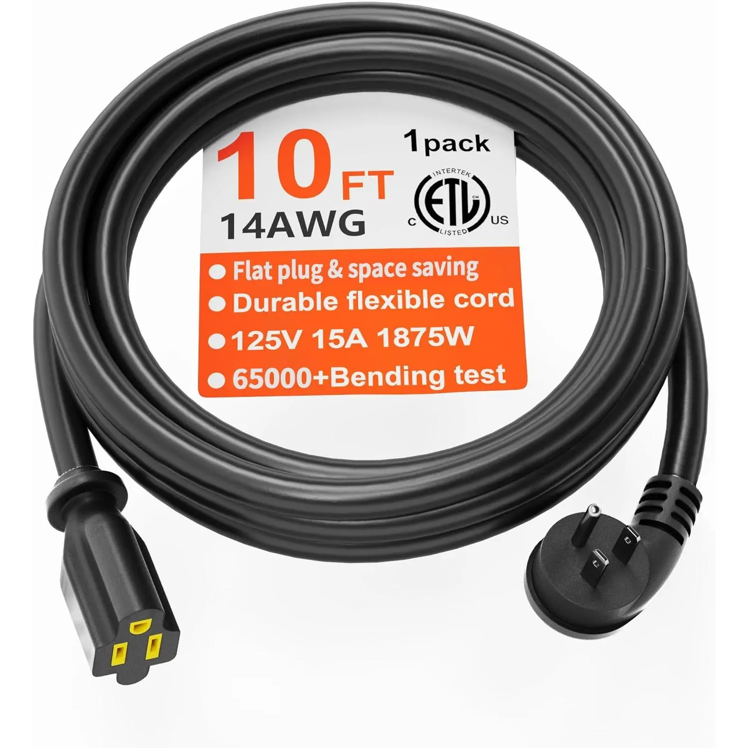 14 Gauge 10 FT Flat Plug Extension Cord Black Indoor Outdoor, Heavy Duty 3 Prong Grounded Low Profile Extension Wire Flexible, 15A 1875W 125V 14AWG SJTW, ETL Listed