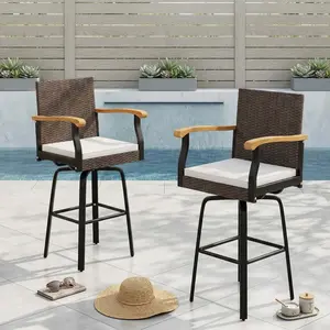 Spaco Outdoor 360° Swivel Bar Stool with Cushion & Acacia Wood Armrests – All-Weather Patio Counter Chair for Bar, Deck, or Garden