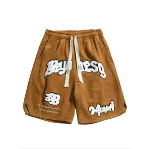 Men's Brown Suede Streetwear Shorts, Retro Towel Embroidery, Casual Summer Wear for Daily Activities, Fashion Comfort Bottoms with Soft Fabric