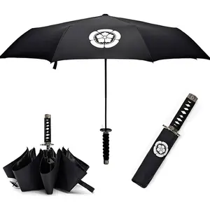 Katana Sword Hilt Handle Folding Umbrella Anime Travel Japanese Compact Umbrellas Windproof, Black Glue Anti UV, Business Birthday Gift for Men