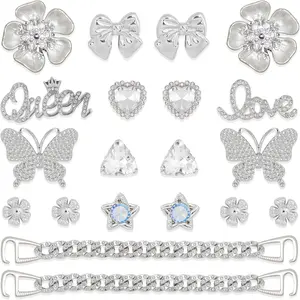 20 silver shoe charms with butterfly, flower, and pearl designs, rhinestone chain accessories for women, perfect bling decorations for parties and birthdays