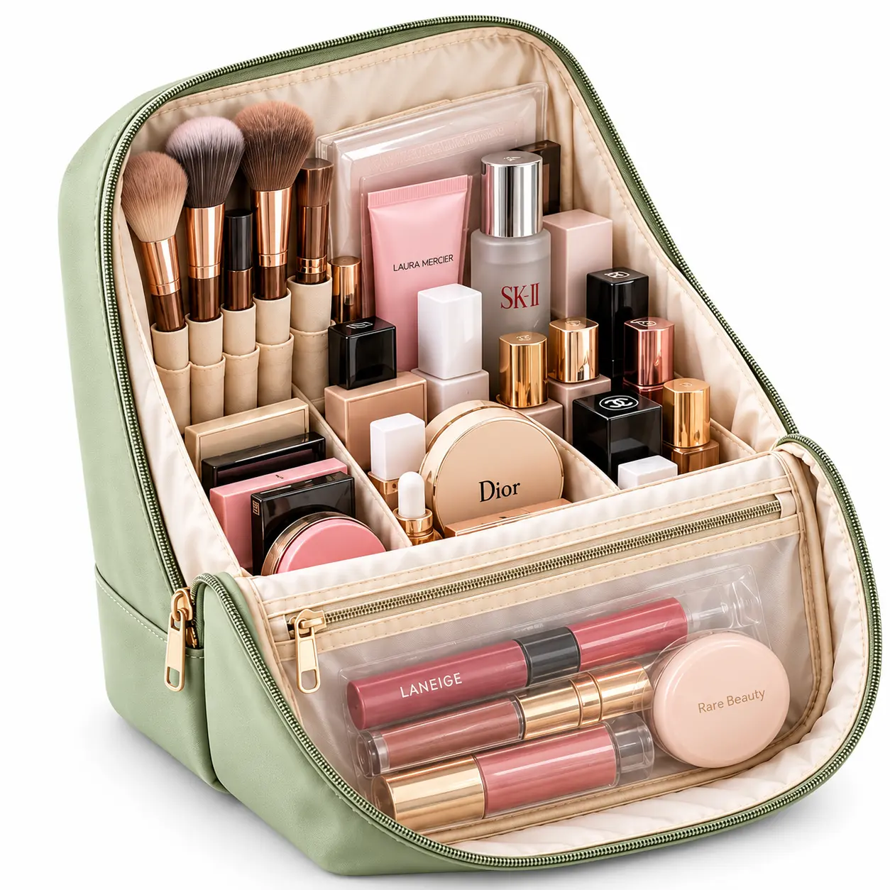 Women's Plain PU Leather Clean Girl Travel Makeup Bag with Luggage Strap, Minimalist Multicompartment Waterproof Vanity Organizer, Large-Capacity Zippered Portable Cosmetic Toiletry Bag, Cruise Essential