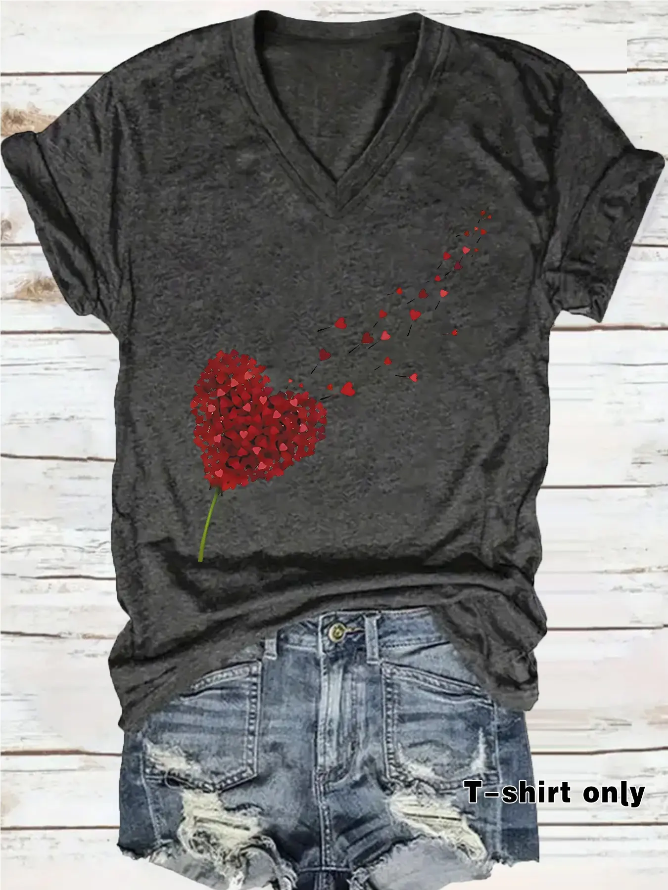 Women's Heart Dandelion Print T-Shirt, Soft Elastic V-Neck Fit Short Sleeve Top, Casual Summer Spring Tee, Vacation Wear, Womenswear