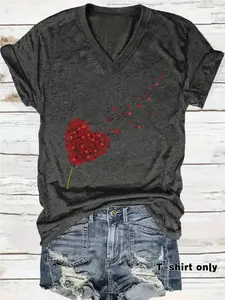 Women's Heart Dandelion Print T-Shirt, Soft Elastic V-Neck Fit Short Sleeve Top, Casual Summer Spring Tee, Vacation Wear, Womenswear