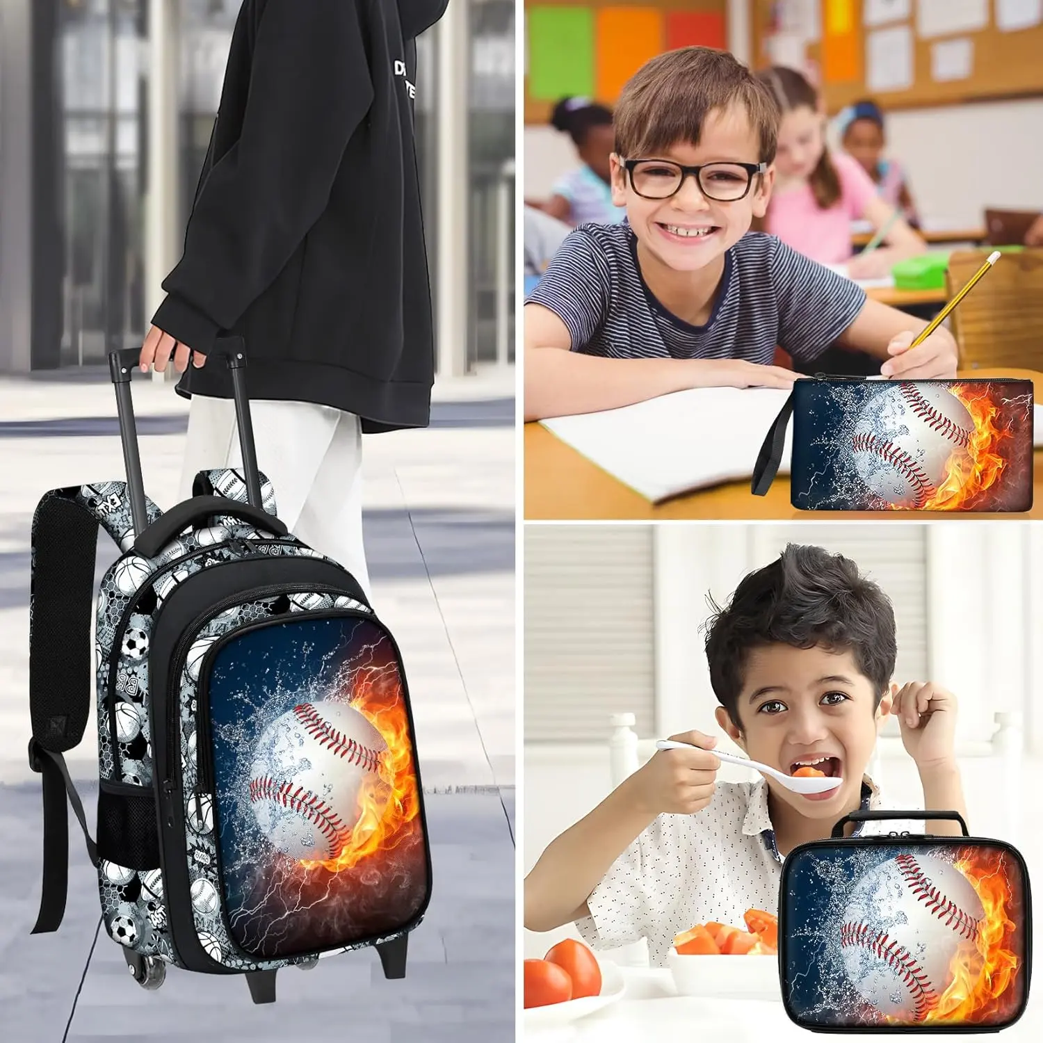 Baseball Rolling Backpack for Boys - 3PCS Boys Rolling Backpack with Lunch  Box Set for Kids Children