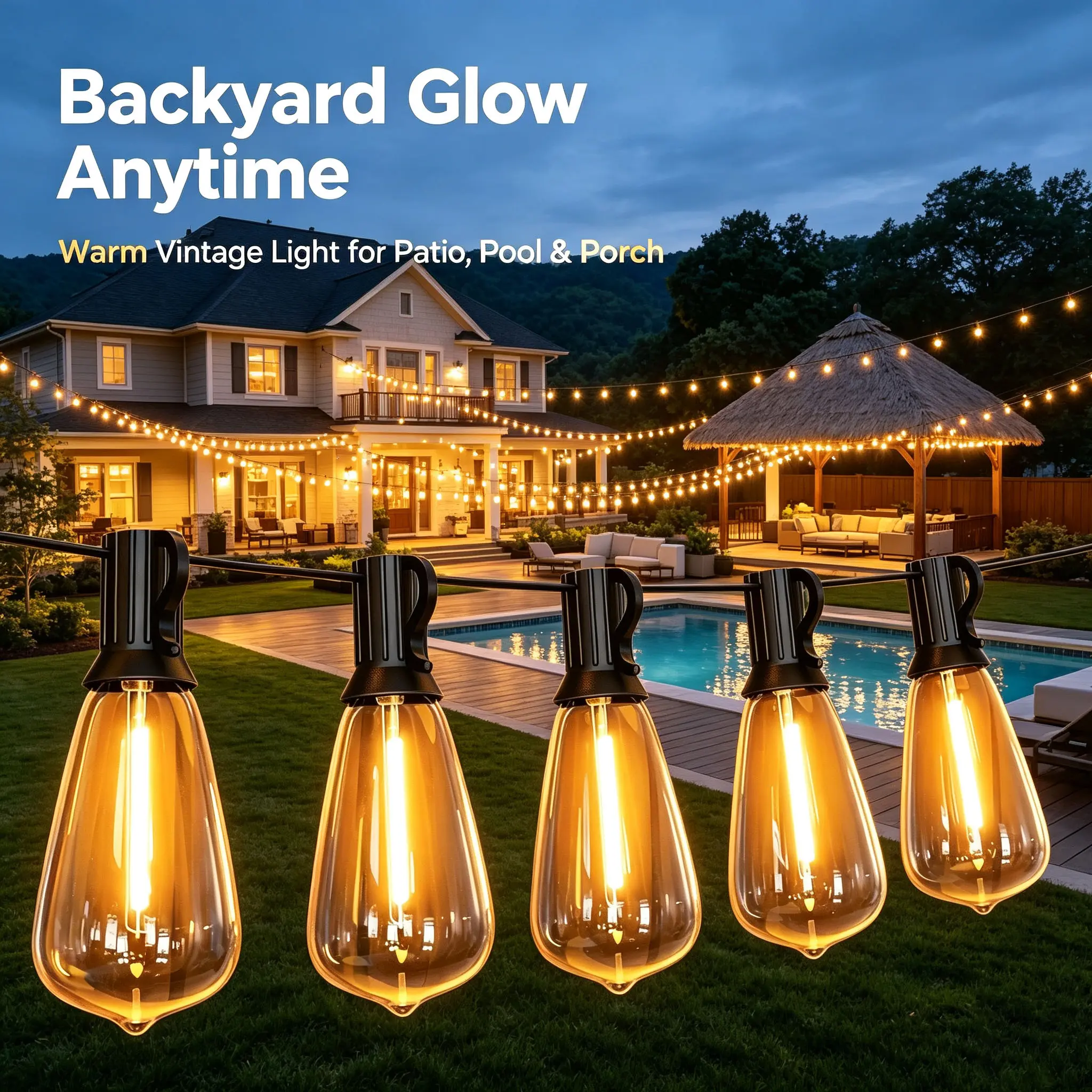 Outdoor Patio String Lights, 100FT ST38 Shatterproof Dimmable Waterproof Connectable LED Hanging Lights for Backyard Parties & Home Outdoor Decor