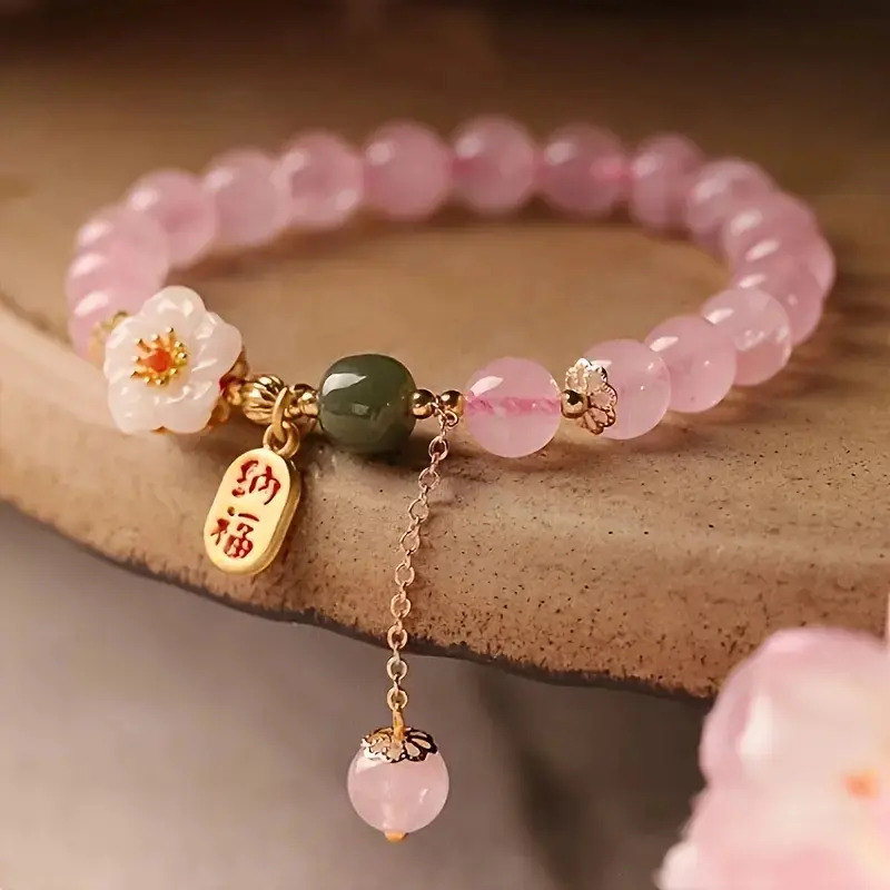Elegant Pink Sakura Glass Bead Bracelet Handmade Adjustable Cherry Blossom Crystal Charm Jewelry Dainty Feminine Accessory For Women Daily Dating Party Wear Sweet Birthday Anniversary Holiday Gift For Her Teen Girls