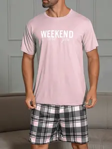 Men's Summer Thin Sleepwear Set, Round Neck Letter Print Top & Plaid Shorts, Casual Comfortable Home Wear, Two-Piece