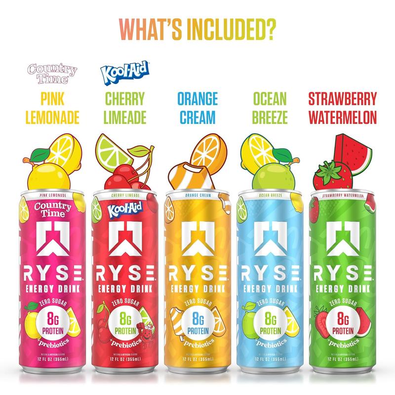 RYSE Functional Energy Drink - 5 Flavors Variety Pack - 150mg Natural Caffeine, 8g Whey Protein & 1g Prebiotics - Sugar Free, Gut-Friendly, Bloat-Free - 12 fl oz Cans (12-Pack)