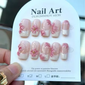 10 Pcs Bare Skin French Girls 3D Pink Floral Design Patch Nails, Handmade Full Coverage French Square Medium Length, Three-Dimensional Hand-Painted Flower Carving Design, Bright And Glossy French Nail Art
