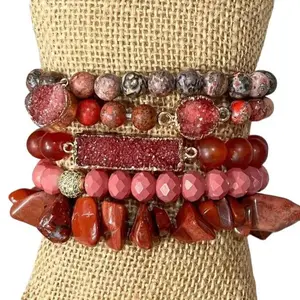 Ghana Bracelet Set Red Jasper - 5 Natural Stone & Beaded Stretch Band Bracelets with Unique Druse Charms