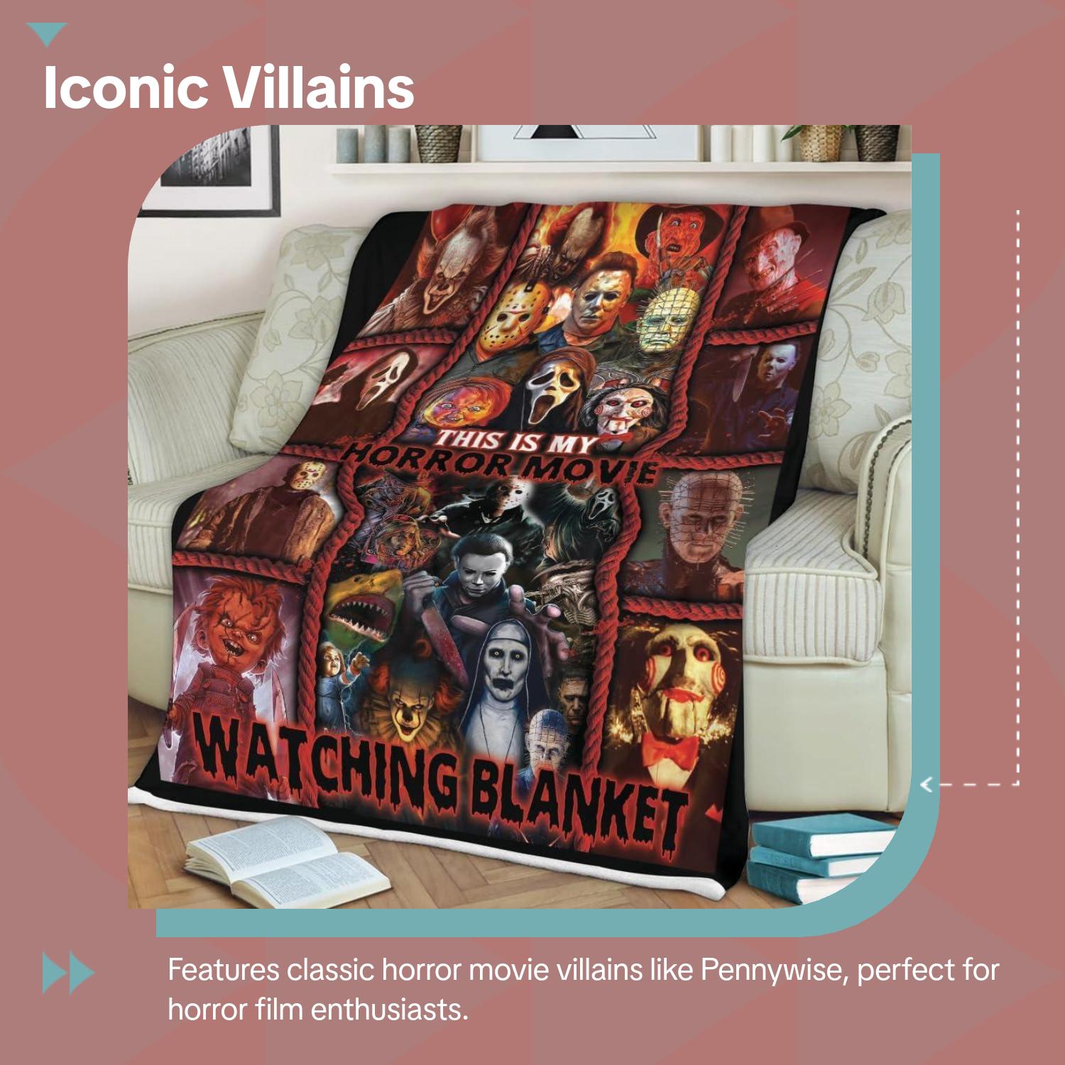 Classic horror movie villains collage flannel throw blanket with Pennywise,  "This Is My Horror Movie Watching Blanket", soft warm plush blanket for movie night, Halloween home decor and gift for horror film fans