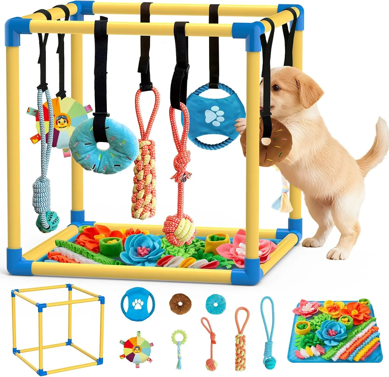 Indoor Puppy Play Gym with PVC Frame, Stretchy Velcro Rope, Snuffle Mat & 8 Hanging Toys - Puppy Training Tools, Bite-Resistant Interactive Enrichment Toy for Small Dogs