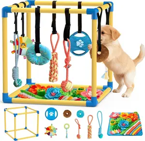 Puppy Play Gym with Snuffle Mat & 8 Hanging Toys Indoor Interactive Dog Toys for Boredom Enrichment Activity for Small Dogs PVC Frame Stretchy Rope with Velcro tiktokshopspringglowup