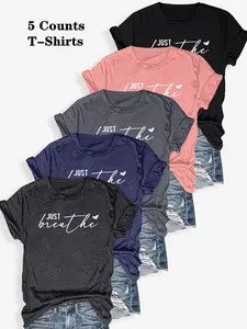 Women's Letter & Heart Print Round Neck Tee, Casual Short Sleeve Crew Neck T-shirt for Summer, Fashion Women's Top for Daily Wear