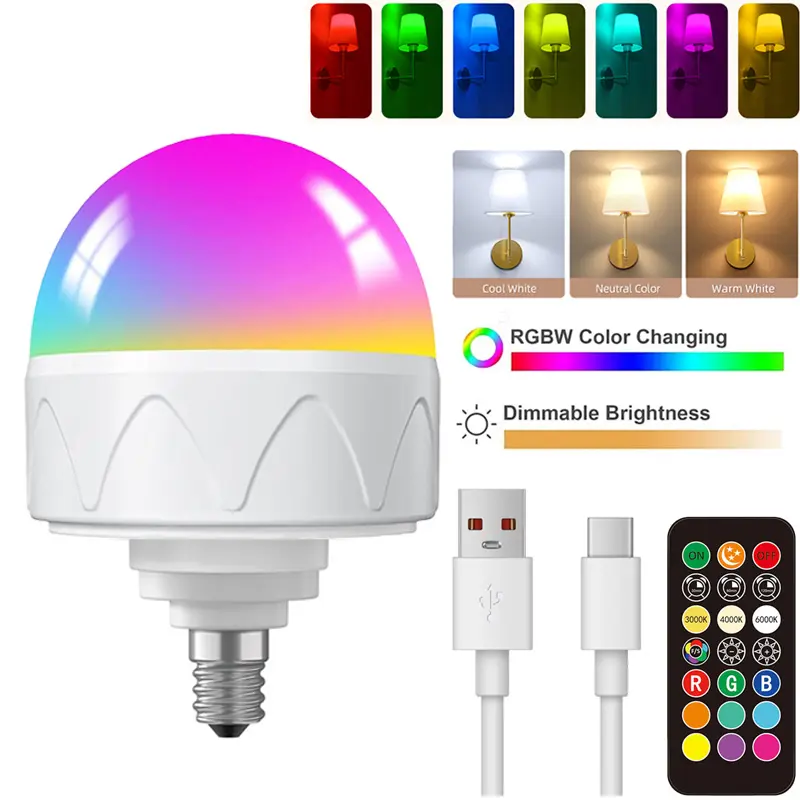 Rechargeable Light Bulb with Remote Control, E12 Battery Operated Light Bulb, Detachable Light Bulb, 3 Color Temperatures/Timer Bulb, RGBW Color Changing, Adjustable Light Temperature, Dimmable Brightness