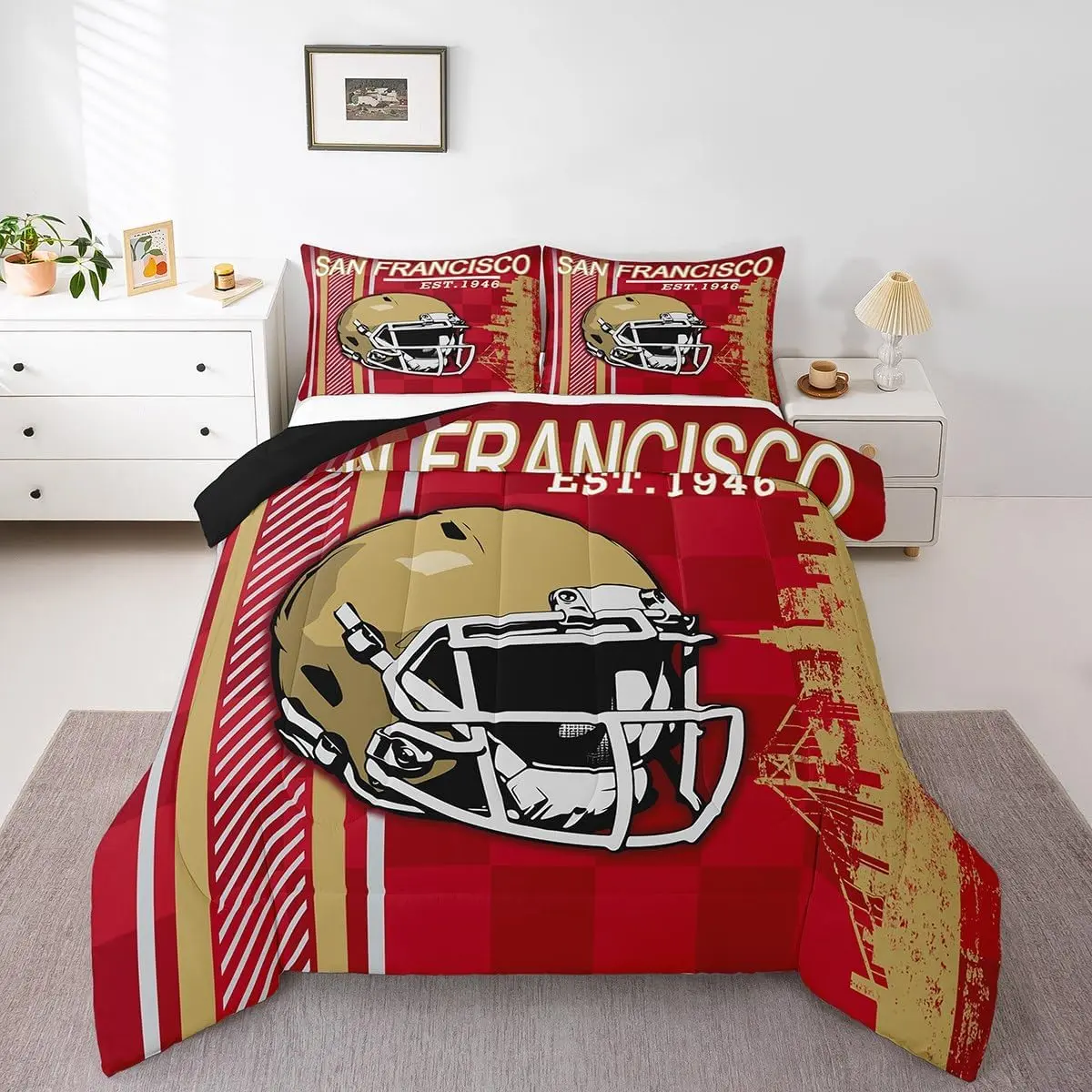 Feelyou Football Theme Microfiber Duvet Set - Gentle Soft Light Weight Printed Blanket, Soft Warm Breathable Bedding, Machine Washable, San Francisco Rugby Ball & Helmet Sports Fan Comforter for Boys, King, Low Roll Over, Multi-Size, Travel-Friendly, Gent
