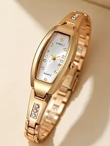 Luxurious Diamond-Etched Minimalist Geometric Oval Women's Quartz Watch, Alloy Strap, Elegant for Casual & Formal Occasions