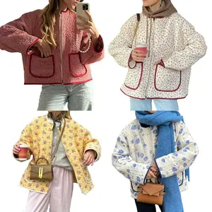 Women Autumn Aesthetic Floral Print Stand Collar Color Pocket Quilted Padded Jackets Coat Female Warm Outwear Chic Tops