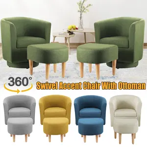Modern 360° Swivel Accent Chair With Ottoman Comfy Club Barrel Armchair Footrest Set Upholstered Sofa Chair for Living Room Bedroom Reading Roome furniture