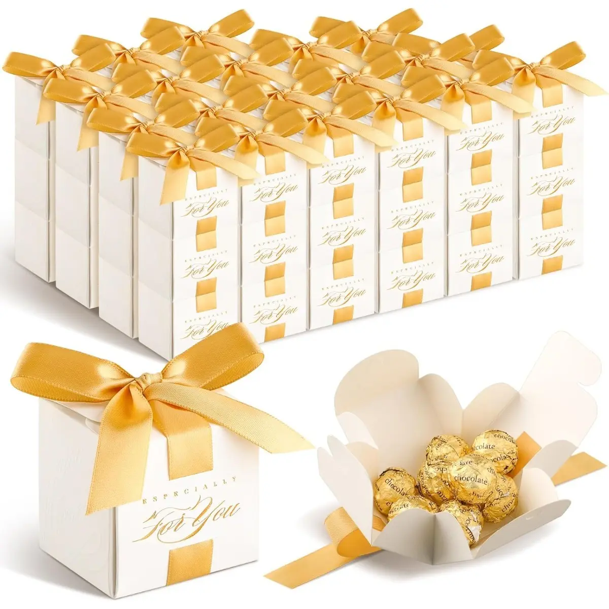 20 Pcs 2.5 x 2.5 x 2.5 Inch Gold Mini Small Wedding Favor Gift Boxes with Ribbon Candy Containers Wedding Souvenirs for Guests Thank You Gifts Bridal Shower Party Favors Gift Package