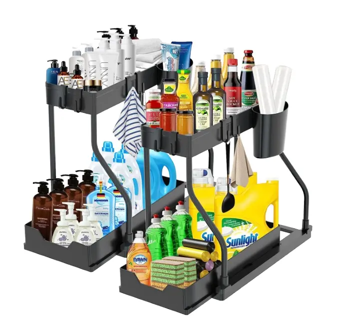 2-Tier Rectangular Polypropylene Under Sink Organizer - Height Adjustable Sliding Out Pull-Out Cabinet Shelf with Drawer for Kitchen, Bathroom Home Supply Storage