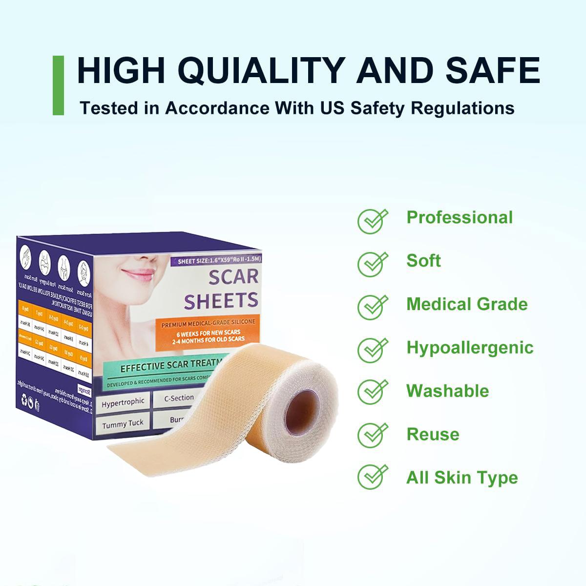 Silicone Scar Sheets(1.6"X 59" Roll-1.5M), Silicone Scar Repair Cream, Silicone Scar Tape, Silicone Scar Strips, Professional Scar Removal Sheets for C-Section, Acne, Buruns & Keloids, Suitable for All Skin Tayes