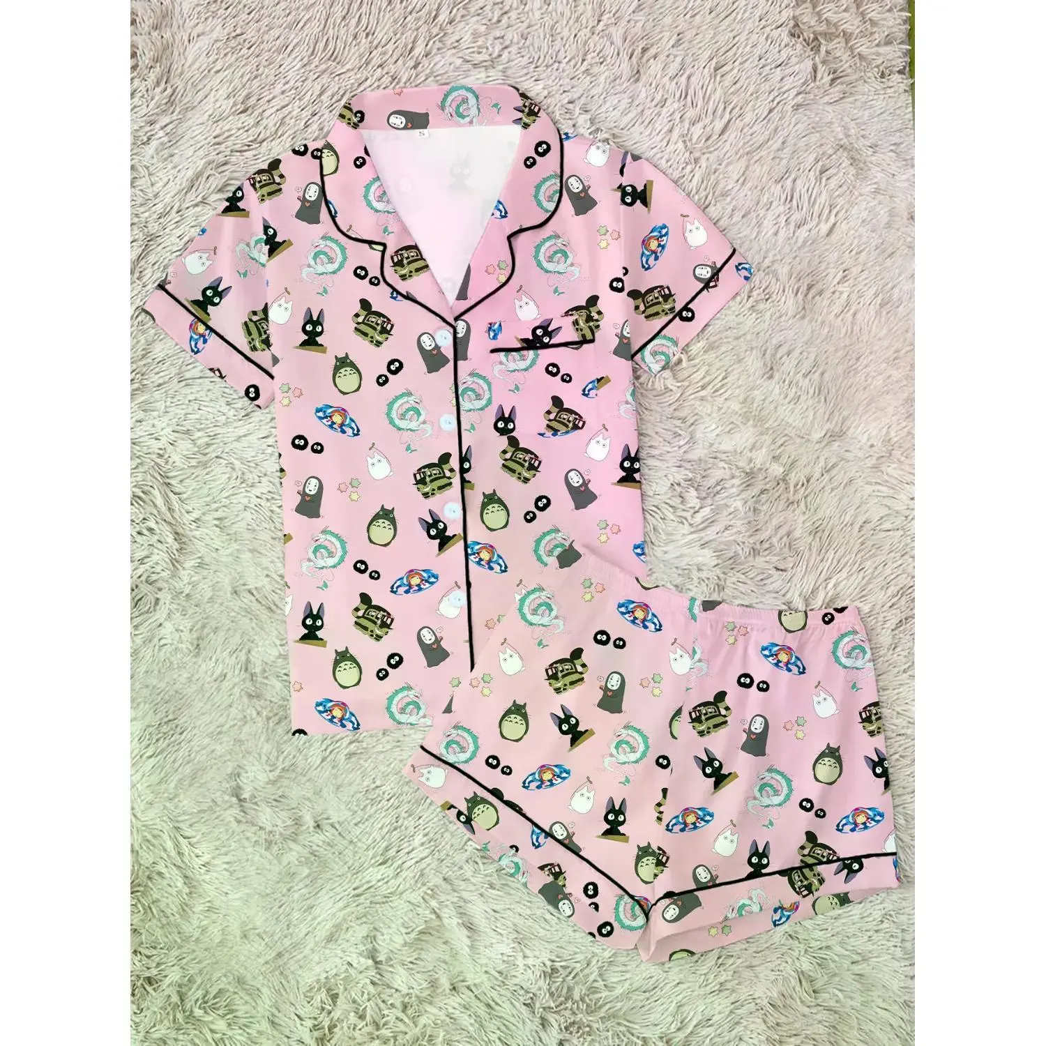 Enchanted Forest Spirit, Coastal Mermaid & Fish, Magical Girl & Black Cat Art Prints Women's Pajama Set, Relaxed Loungewear PJs, Two-Piece Sleepwear Outfit, Short Sleeve Button-Up Top & Elastic Waist Shorts, Casual Homewear, Perfect Party Gift