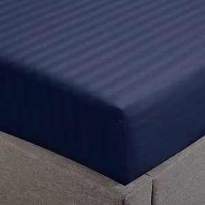 1 Piece Fitted Sheet King Size, 100% Cotton Damask Sateen Weave, Striped Breathable, Stretchable Elastic Sheet for Mattress 18 inch Deep Pocket, 500TC Premium Ultra Soft - Dark Blue
