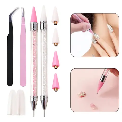 Rhinestone Picking Pen Tool, 2 Counts Dot Pen (White + Pink)/ 2 Precision Tweezer / 4 Wax Tips, Diamond Art Pen, DIY Nail Supplies, Decoration Tools, Dotted Pen, Resin Pen, Manicure & Pedicure Tools for Home & Salon Use