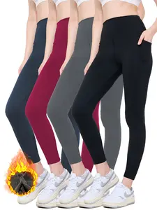 4pcs Plush Lined High Waist Yoga Leggings Fleece Warm Sports Pants with Pocket Women's Activewear Plus Size Leggings for Comfort