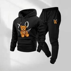 Men's 2-Piece XO Bear Pattern Hoodie & Drawstring Track Pants Set - Long Sleeve Hooded Jacket with Pockets, Jogger Pants, Fall Winter Casual Athletic Activewear, Street Style Sportswear for Everyday Use