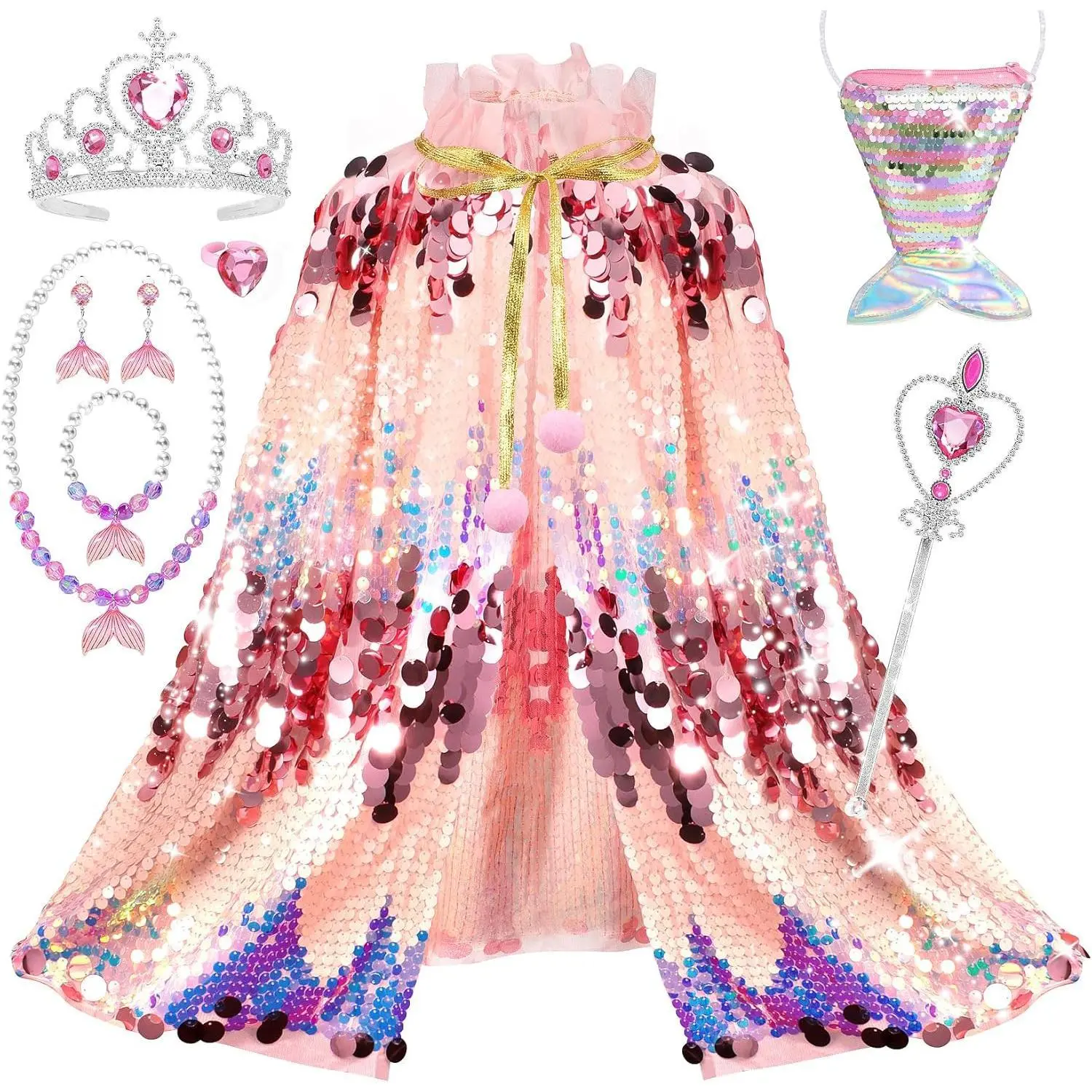 Z-MTS28 9-Pcs Little Girls' Princess Mermaid Cosplay Costume Set - Sheer Mesh Cape, Princess Crown, Flashing Lights, Ideal Gift for Birthday Party, Encourages Role-Play, Ages 3-8