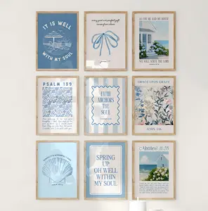 Christian Poster Wall Art , Coastal Granddaughter Prints, Trendy Apartment Decor, Bible Verse Posters, Modern Christian Art,Blue Scripture Prints for Coastal Bedroom or Nursery, Decor for Girls Dorm Room,Bundle Set of 9 art print movie high-quality canvas