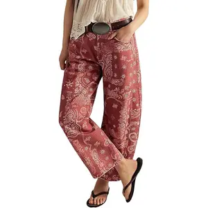 Women Boyfriend Baggy Barrel Jeans Floral Print Denim Ankle Pants Wide Leg Mid Rise Jeans Sweatpants Y2k Patchwork