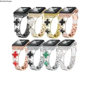 Lucky Four Leaf Clover Decor Metal Watch Band, Elegant Luxury Jewelry Style Wrist Strap, Universal Fit All Apple Watch Series, Chic Trendy Fashion Accessory for Women, Ideal for Daily Casual Dating Party & All Occasion Outfits (Watch Not Included)