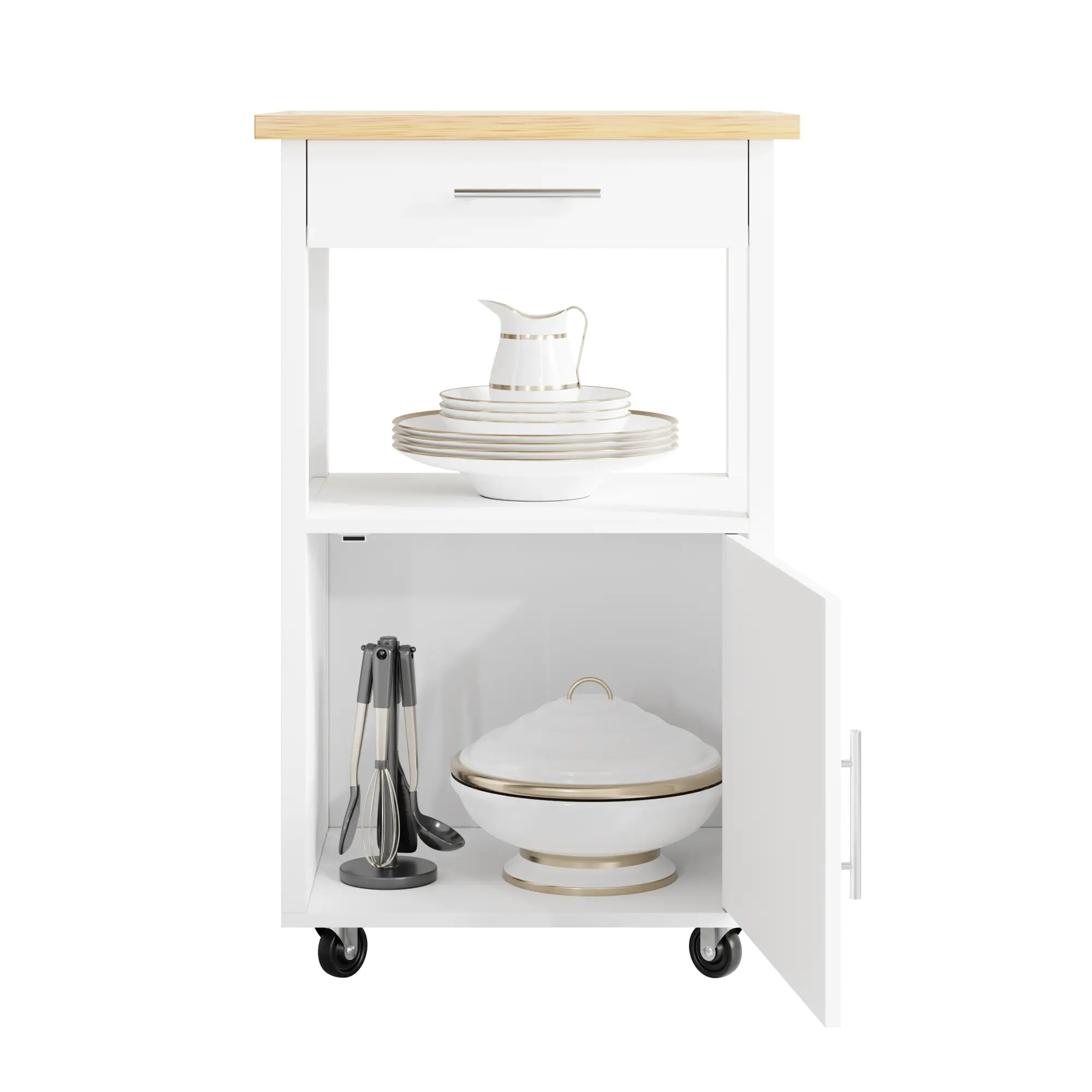ANNWS Kitchen Island Cart with Storage,Rolling Side Table on Wheels with Worktop,Single Door Cabinet and Drawer for Dinning Room, White