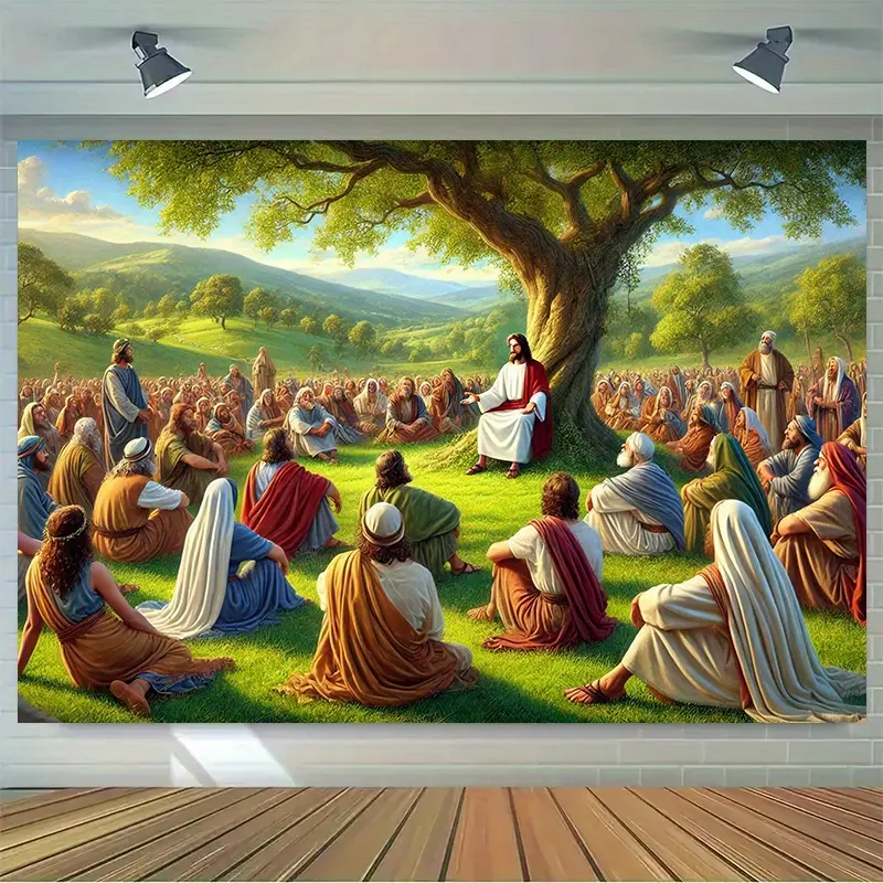 1PC Ancient People Surrounding Jesus Preaching Scene Background Cloth - Multi-Functional Wall Decoration & Photography Prop, Suitable for Living Room/Bedroom/Office/Home/Outdoor/Studio/Party Decor, Holiday Gift Religious Ornaments