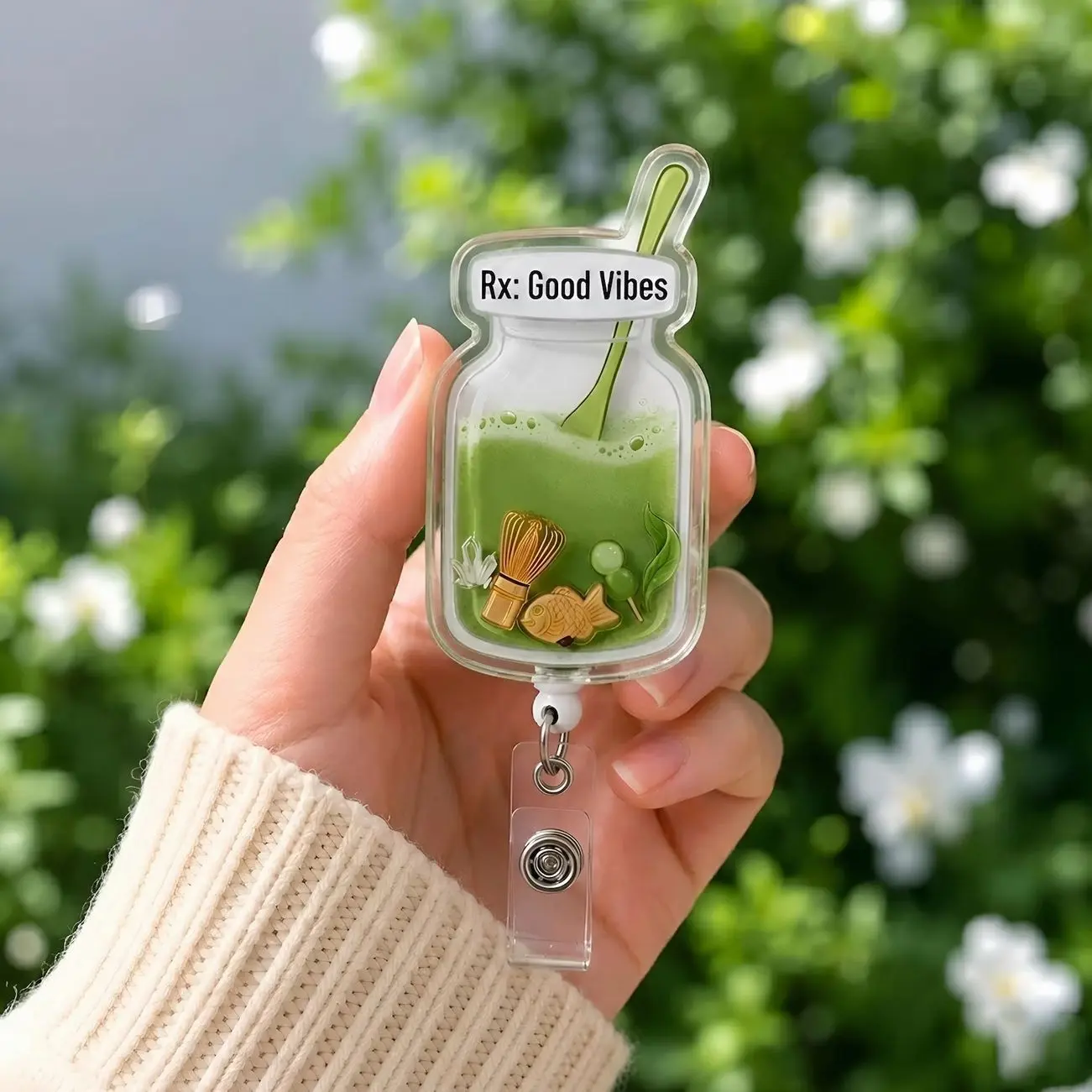 Matcha Shaker Badge Reel, Green Tea badge, Rx Good Vibes ID Holder, Pharmacist Badge Reel Keychain, Nurse Badge Clip, Matcha Lover Gift