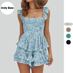 Imily Bela Womens Sexy Summer Romper Floral Square Neck Ruffle Strap Layer Hem Shorts Jumpsuits