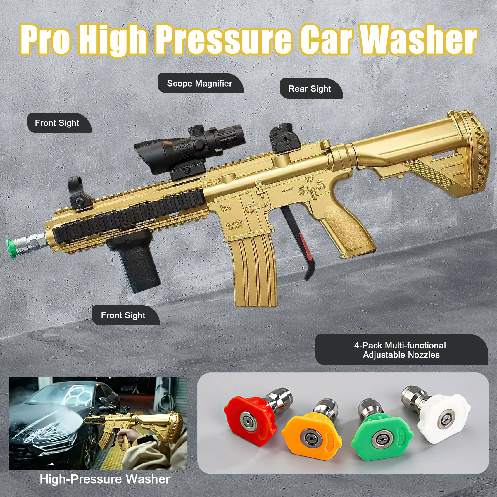 【Gold!!!】High Pressure Washer with 3/8'' Quick Connector, Swivel Car Washer Toy with 4 Pressure Washer Nozzle Tips & charing Station & Filter, Men's Gift, Father's Day Gift