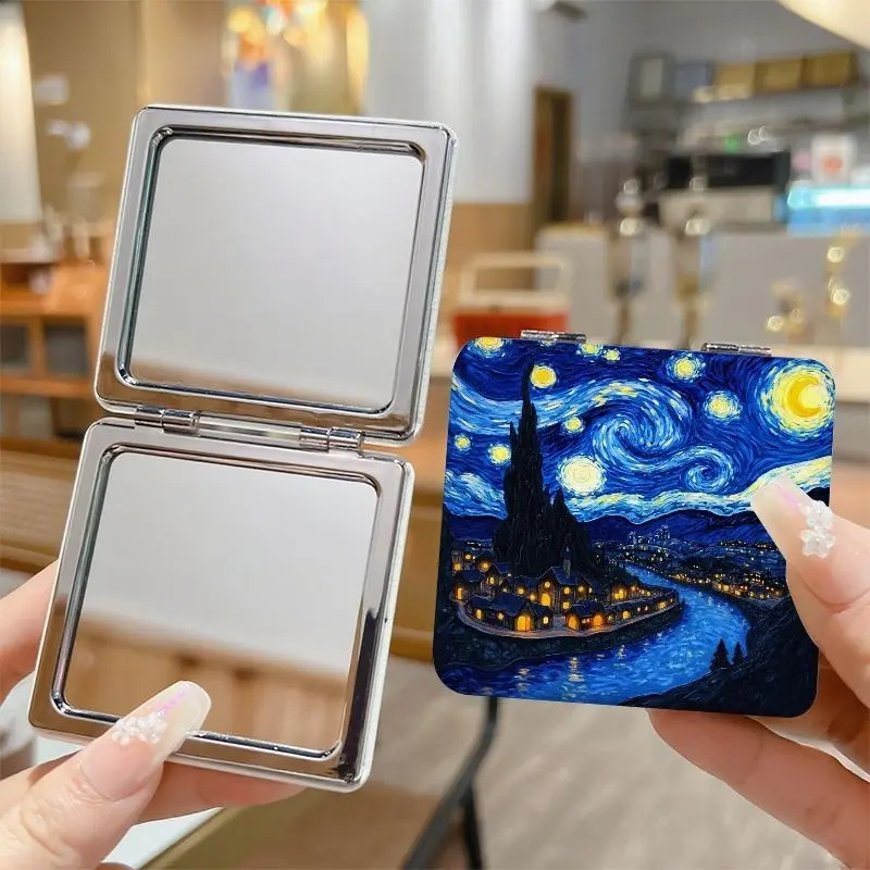 "Starry Night" Double-Sided Compact Foldable Cosmetic Mirror - A Portable Folding Makeup Handheld Mirror Featuring 2X Magnification, Ideal for Travel, with a Vintage Design Inspired by Van Gogh, Perfect for Your Purse, Pocket, Or Handbag