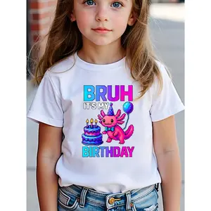 'It'S My Birthday' Axolotl Cake & Balloons Print T-Shirt - Soft Stretchy Knit Fabric, Casual Round Neck, Spring Summer Fall Birthday Celebration Top, Festive Shirt | Playful Graphic Tee | Soft Knit Shirt